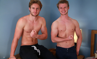 Bonus Video of Photo Shoot - Straight Blond Hunks Aaron & Harry Have a Sword Fight - Their 1st Man Contact!