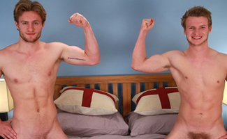 Bonus Video of Photo Shoot - Straight Blond Hunks Aaron & Harry Have a Sword Fight - Their 1st Man Contact!