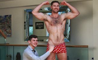 Bonus Video of Tom & Dom's Photo Shoot - Muscular Hairy Uncut Stud Wanks his 1st Man & Cum's Hard!