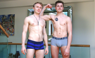 Bonus Video of William's Photo Shoot - Straight Muscular Pup's 1st Experience Wanking Another Cock!