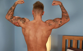 Super Horny and Uncut Muscular Hunk Sean shows of his Hole and Cums all over his Abs!