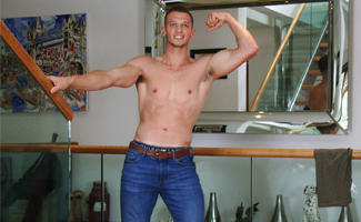 Video of Clayton's Photo Shoot - Straight Lad Shows off his Muscles & Big Uncut Cock 