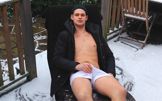 Young Stud Jack Wanks his Big Uncut Cock & Shoots his Load in the Snow & Showers Afterwards!